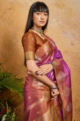 Blissful Magenta Banarasi Paper Silk Saree With Magnetic Blouse Piece