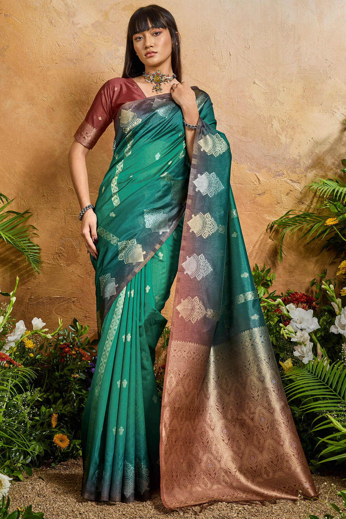 Breathtaking Dark Green Banarasi Paper Silk Saree With Ethereal Blouse Piece
