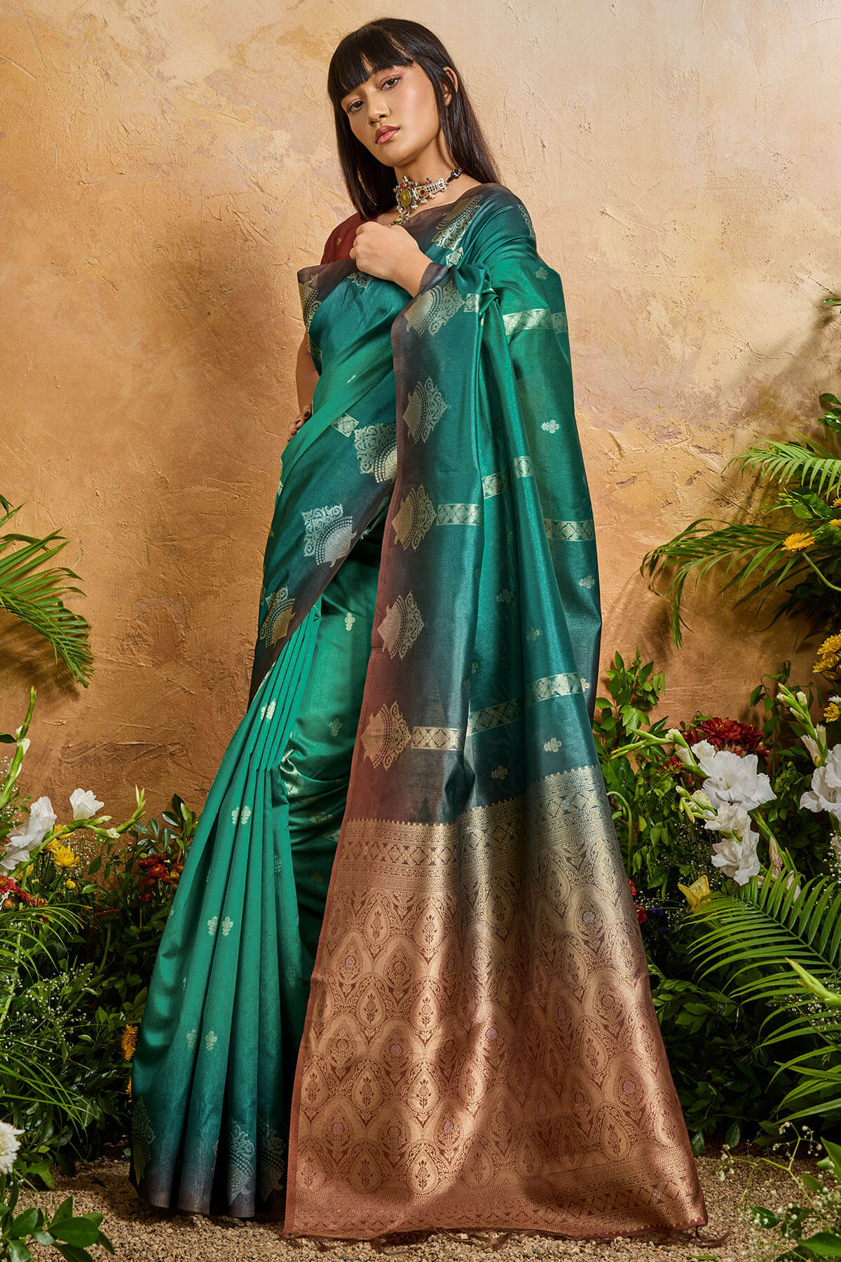 Breathtaking Dark Green Banarasi Paper Silk Saree With Ethereal Blouse Piece