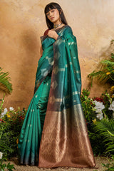 Breathtaking Dark Green Banarasi Paper Silk Saree With Ethereal Blouse Piece