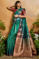 Breathtaking Dark Green Banarasi Paper Silk Saree With Ethereal Blouse Piece