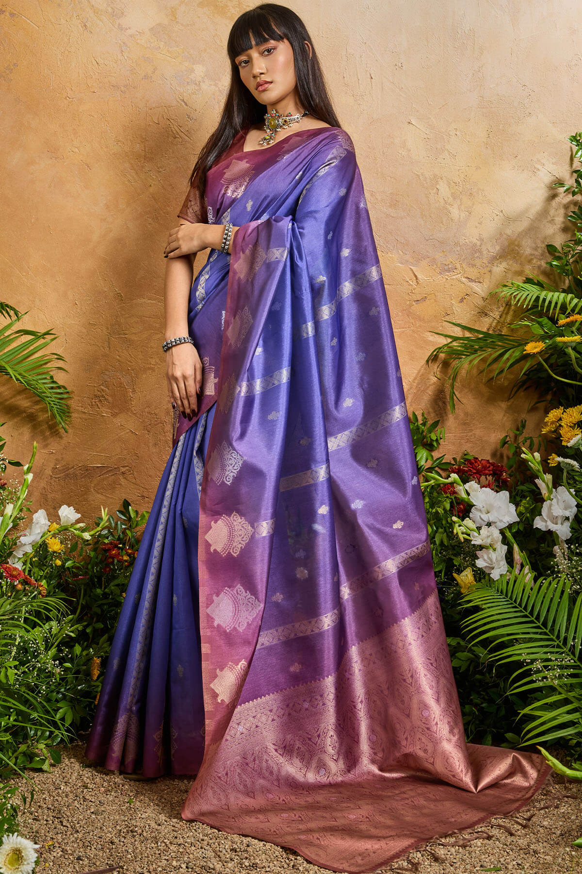 Aplomb Lavender Banarasi Paper Silk Saree With Opulent Blouse Piece
