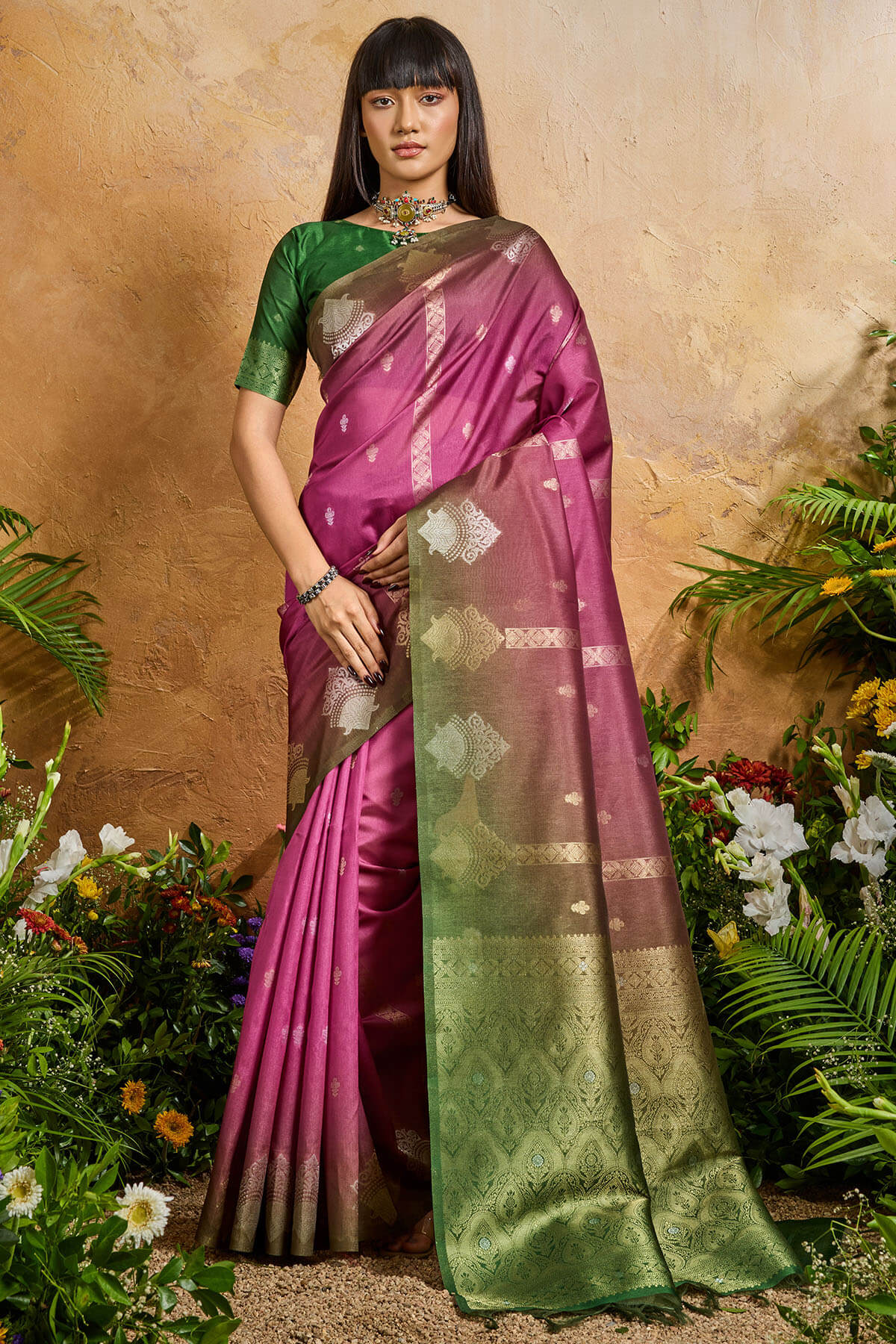Demure Dark Pink Banarasi Paper Silk Saree With Angelic Blouse Piece