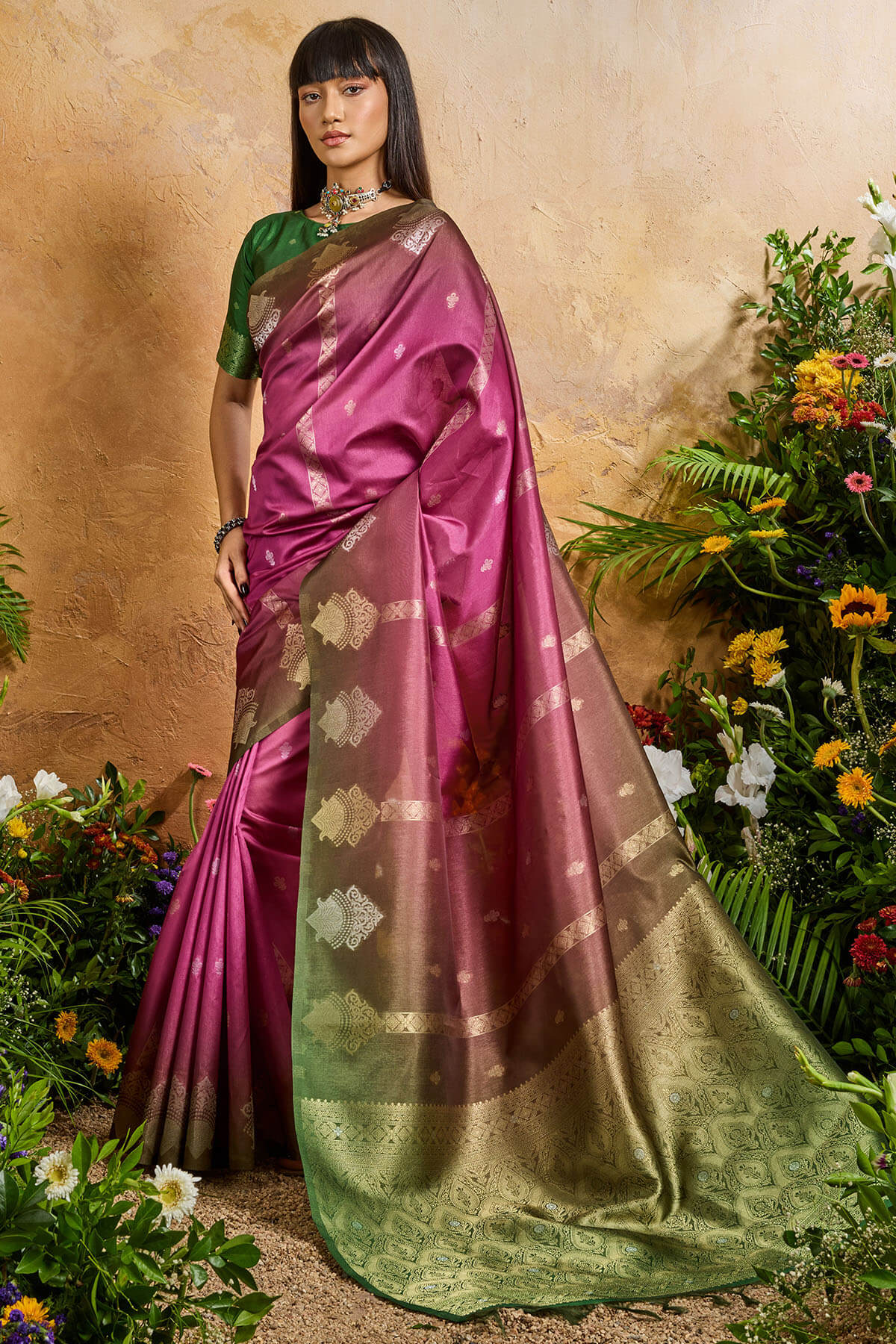 Demure Dark Pink Banarasi Paper Silk Saree With Angelic Blouse Piece