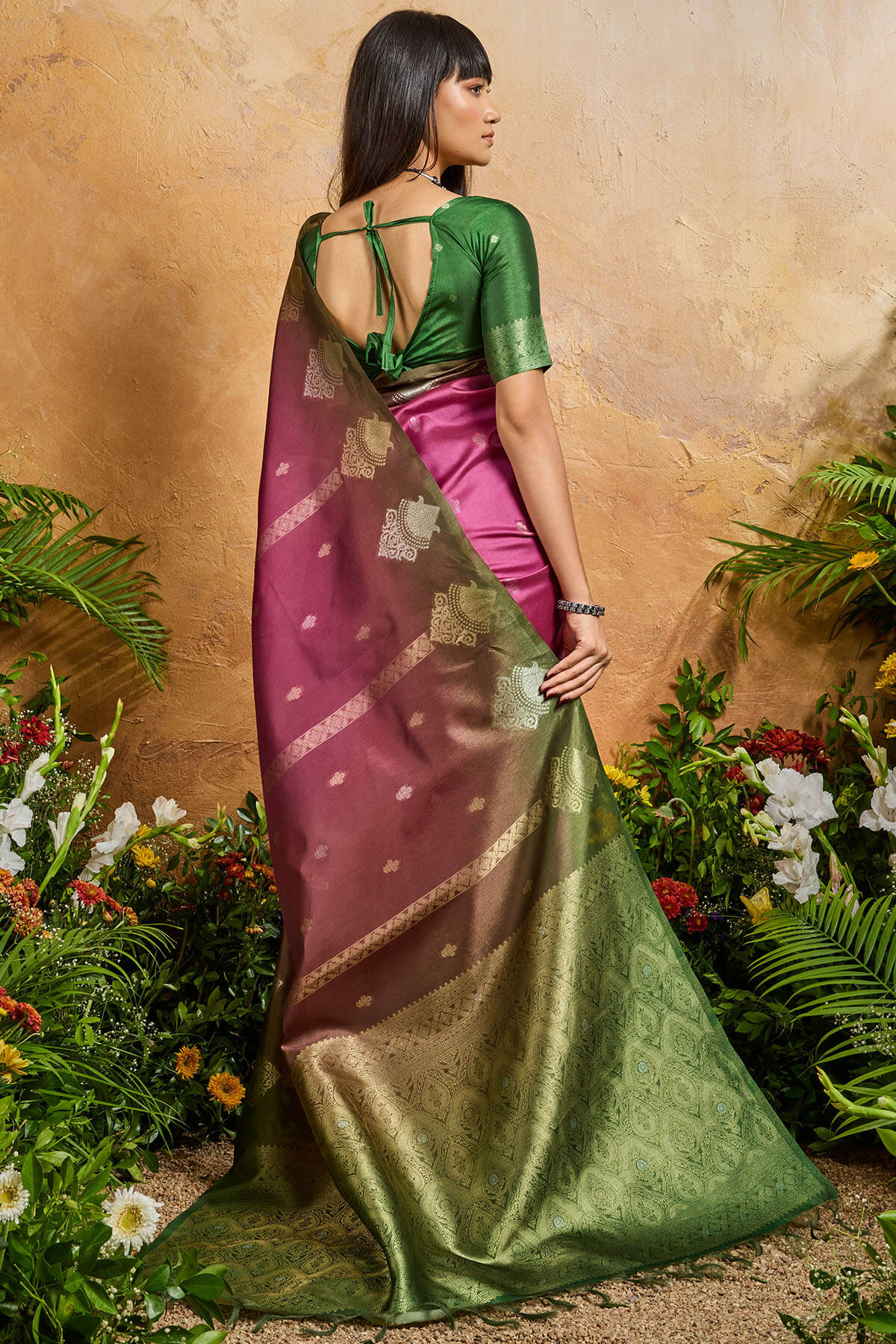 Demure Dark Pink Banarasi Paper Silk Saree With Angelic Blouse Piece