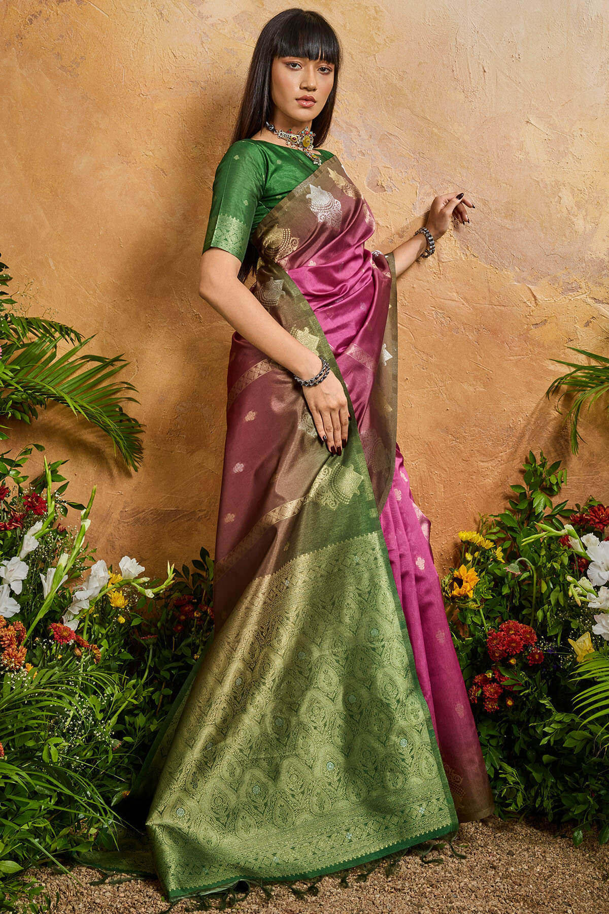 Demure Dark Pink Banarasi Paper Silk Saree With Angelic Blouse Piece