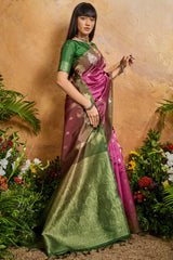 Demure Dark Pink Banarasi Paper Silk Saree With Angelic Blouse Piece