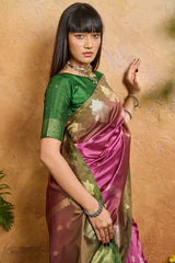 Demure Dark Pink Banarasi Paper Silk Saree With Angelic Blouse Piece
