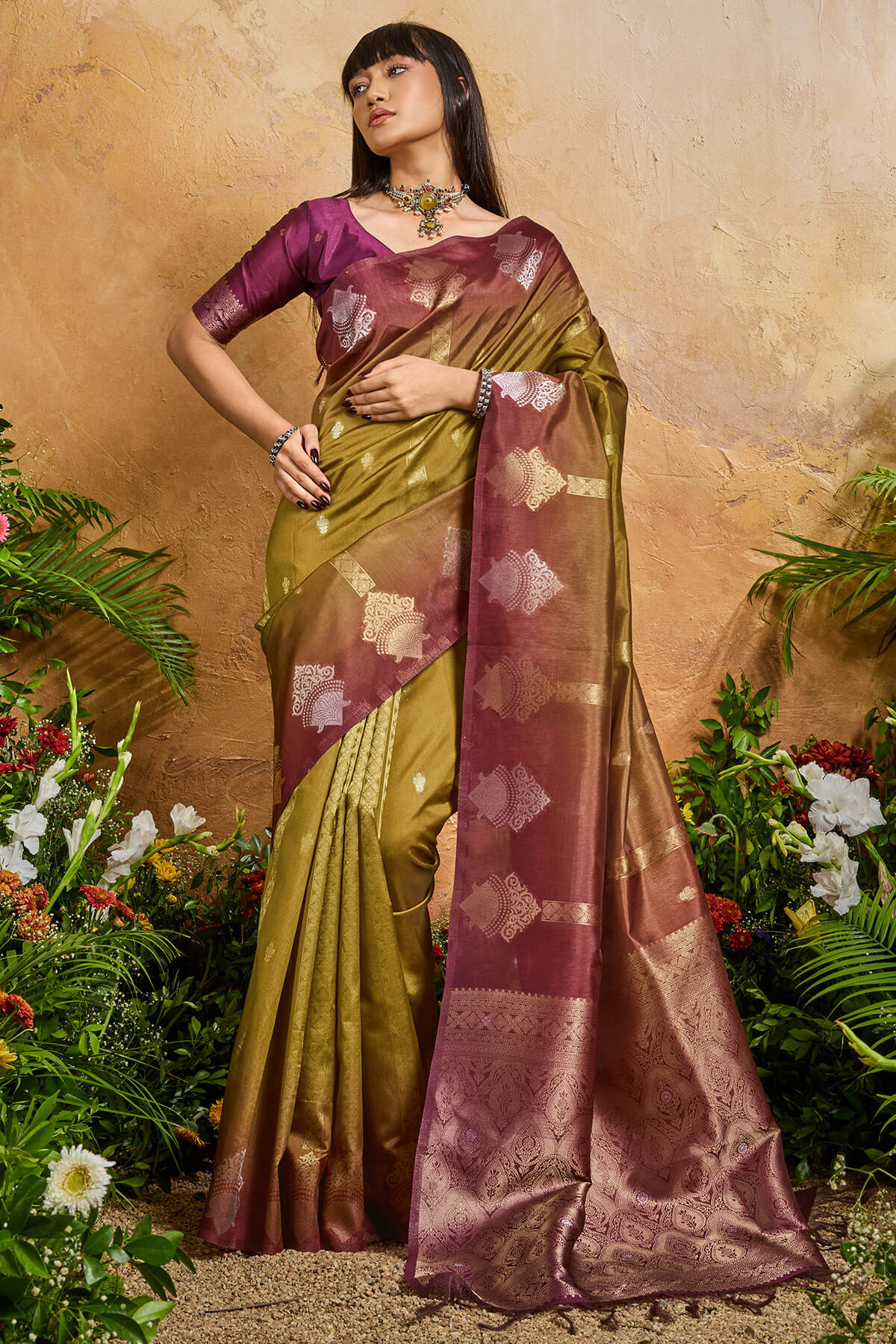 Enchanting Mustard Banarasi Paper Silk Saree With Vivacious Blouse Piece