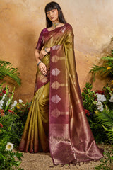 Enchanting Mustard Banarasi Paper Silk Saree With Vivacious Blouse Piece