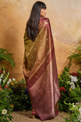 Enchanting Mustard Banarasi Paper Silk Saree With Vivacious Blouse Piece