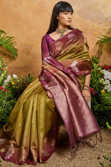 Enchanting Mustard Banarasi Paper Silk Saree With Vivacious Blouse Piece