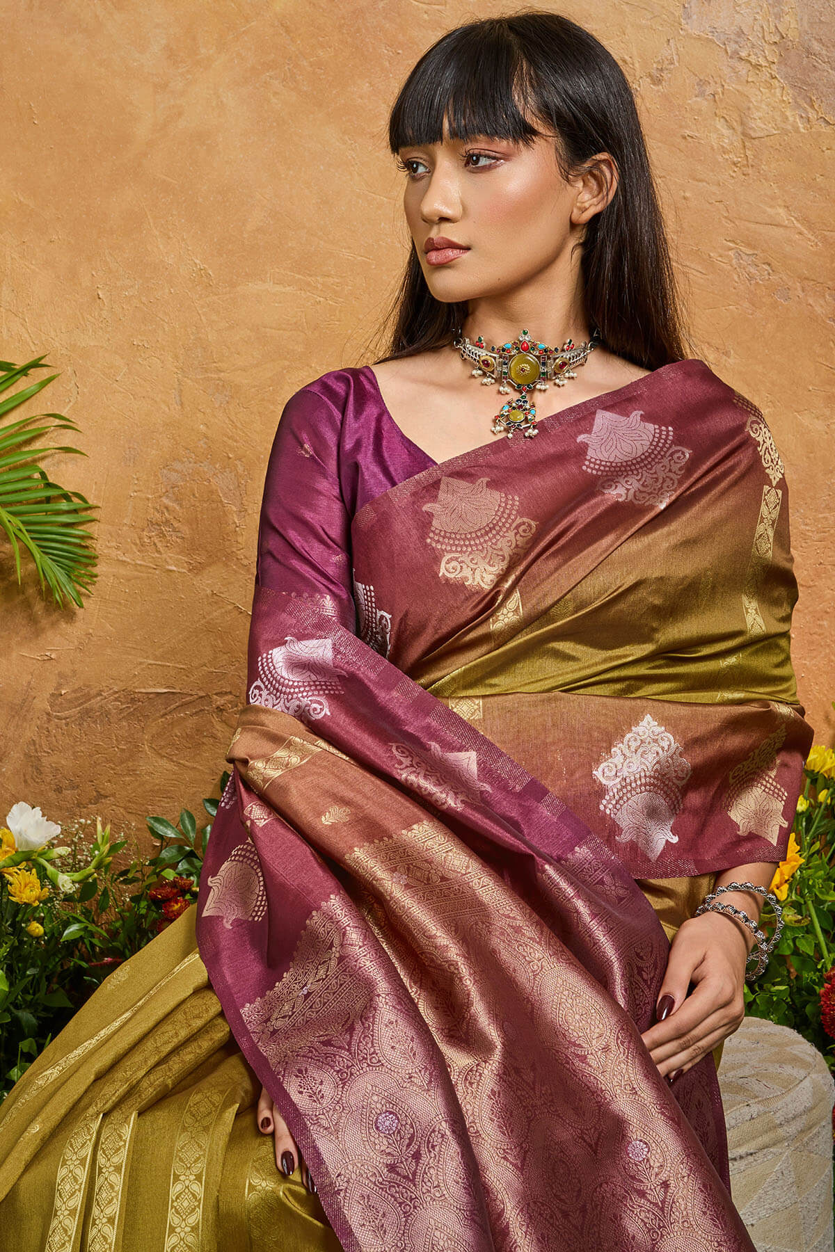 Enchanting Mustard Banarasi Paper Silk Saree With Vivacious Blouse Piece