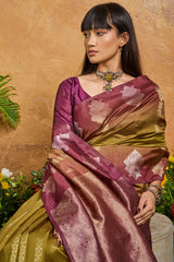 Enchanting Mustard Banarasi Paper Silk Saree With Vivacious Blouse Piece