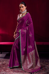 Delightful Wine Banarasi Satin Silk Saree With Preferable Blouse