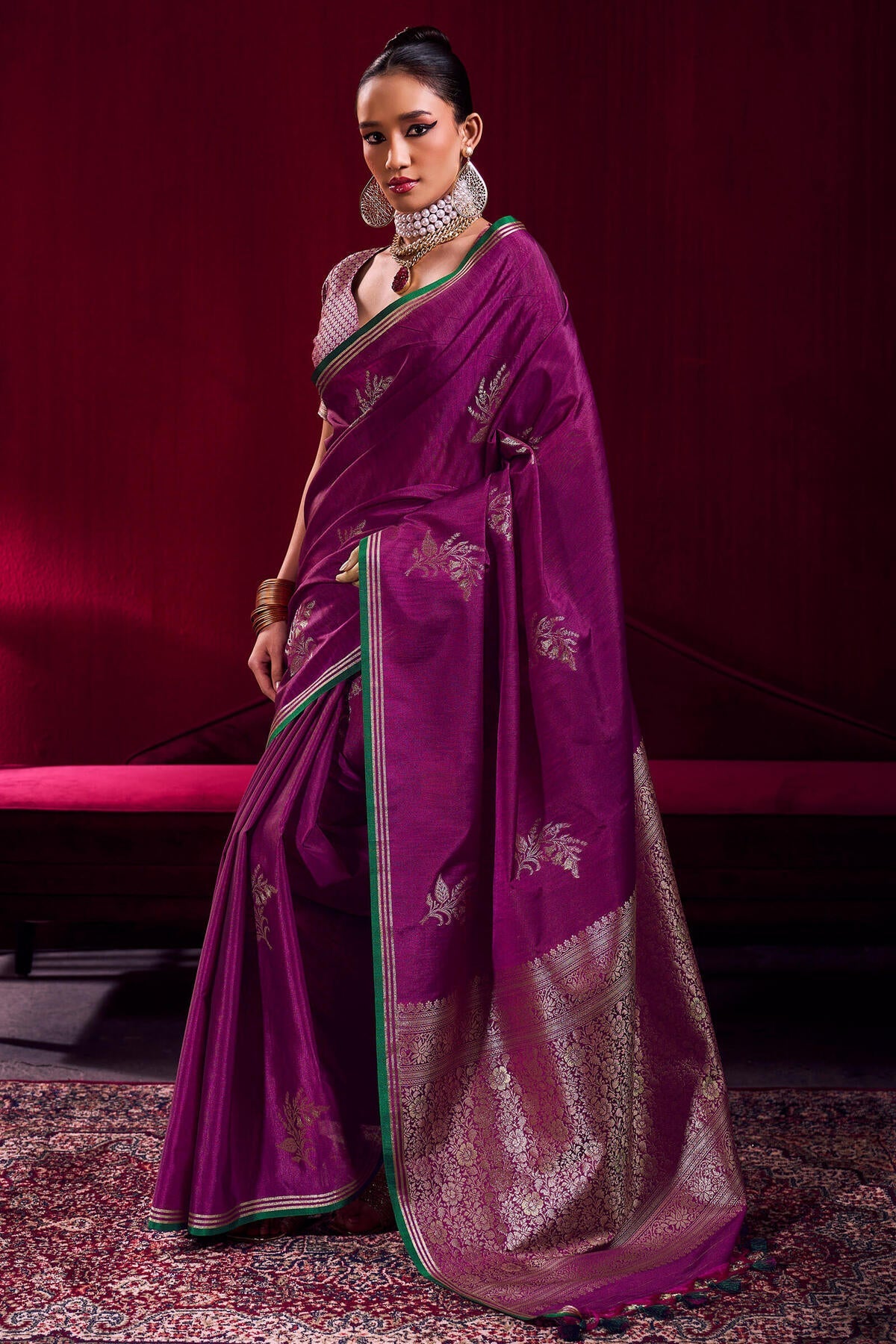 Delightful Wine Banarasi Satin Silk Saree With Preferable Blouse