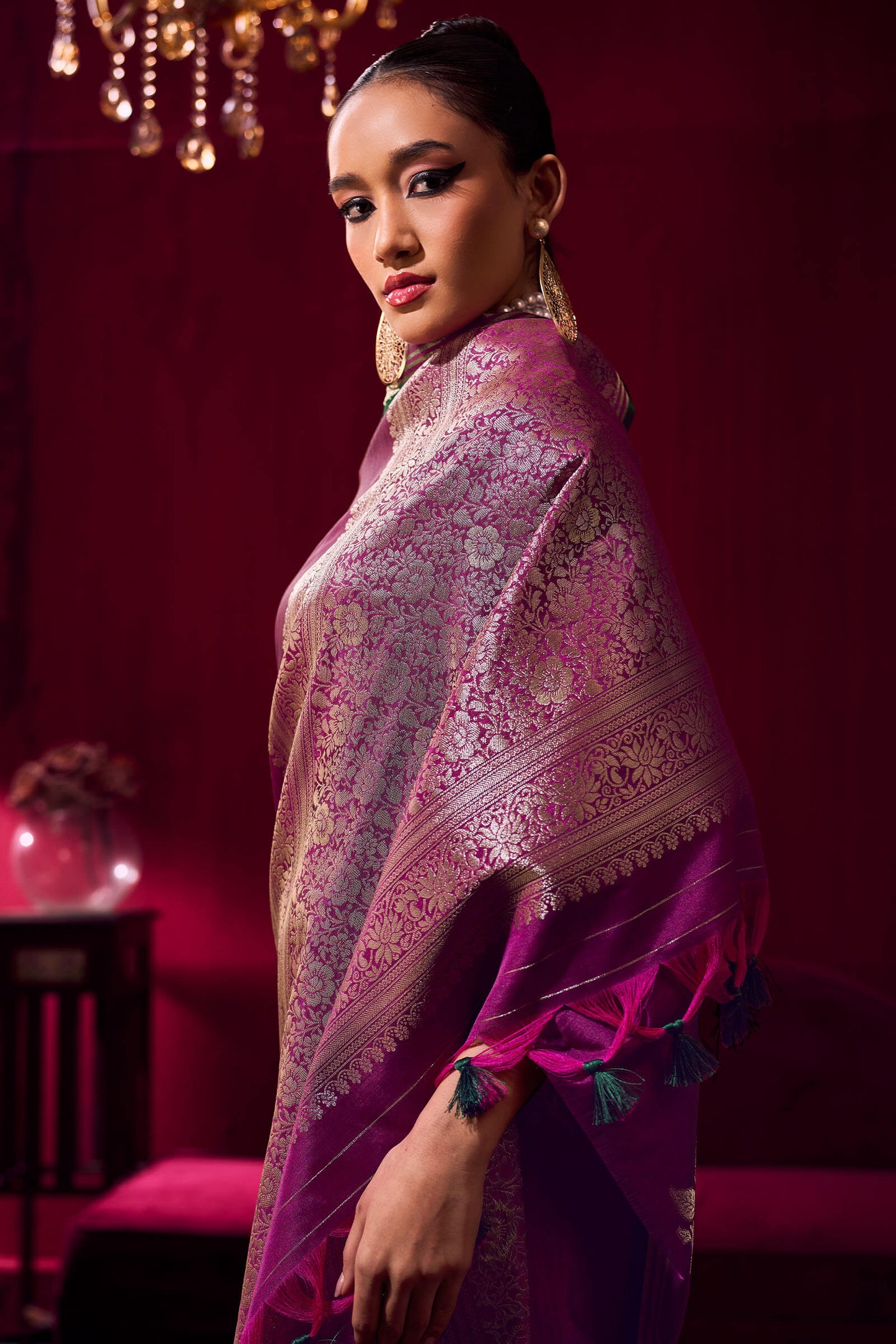 Delightful Wine Banarasi Satin Silk Saree With Preferable Blouse