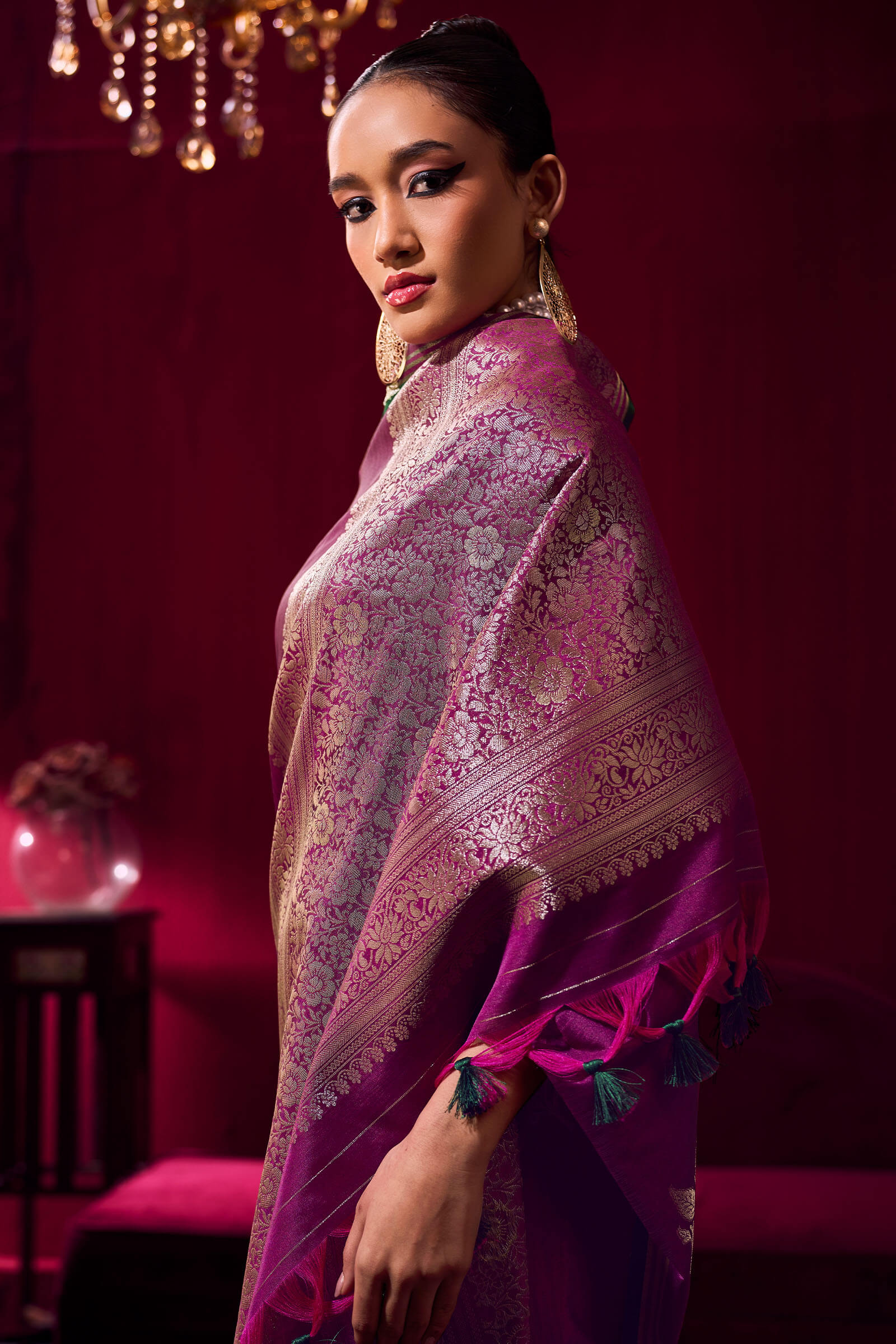 Delightful Wine Banarasi Satin Silk Saree With Preferable Blouse