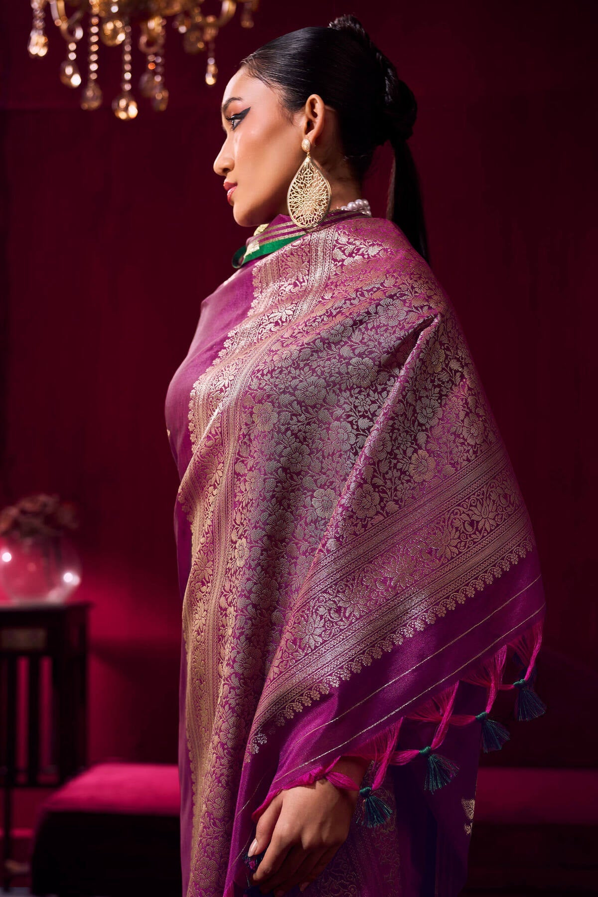 Delightful Wine Banarasi Satin Silk Saree With Preferable Blouse