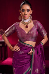 Delightful Wine Banarasi Satin Silk Saree With Preferable Blouse
