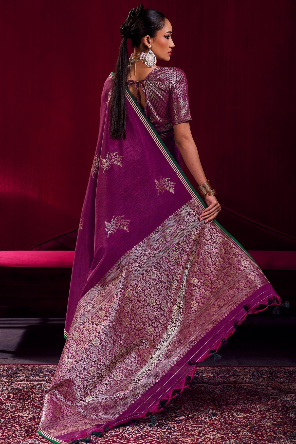 Delightful Wine Banarasi Satin Silk Saree With Preferable Blouse