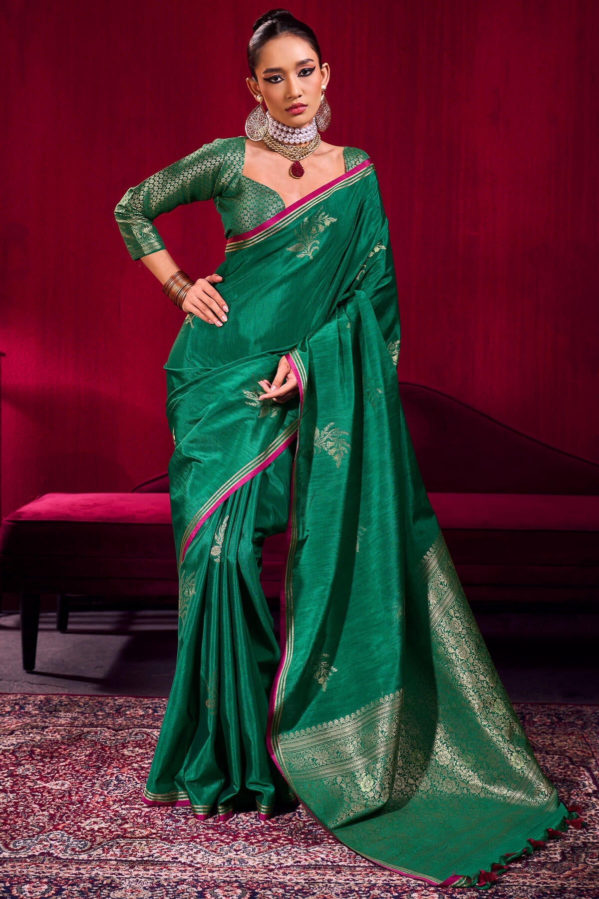 Nebula Dark Green Banarasi Satin Silk Saree With Classy Blouse