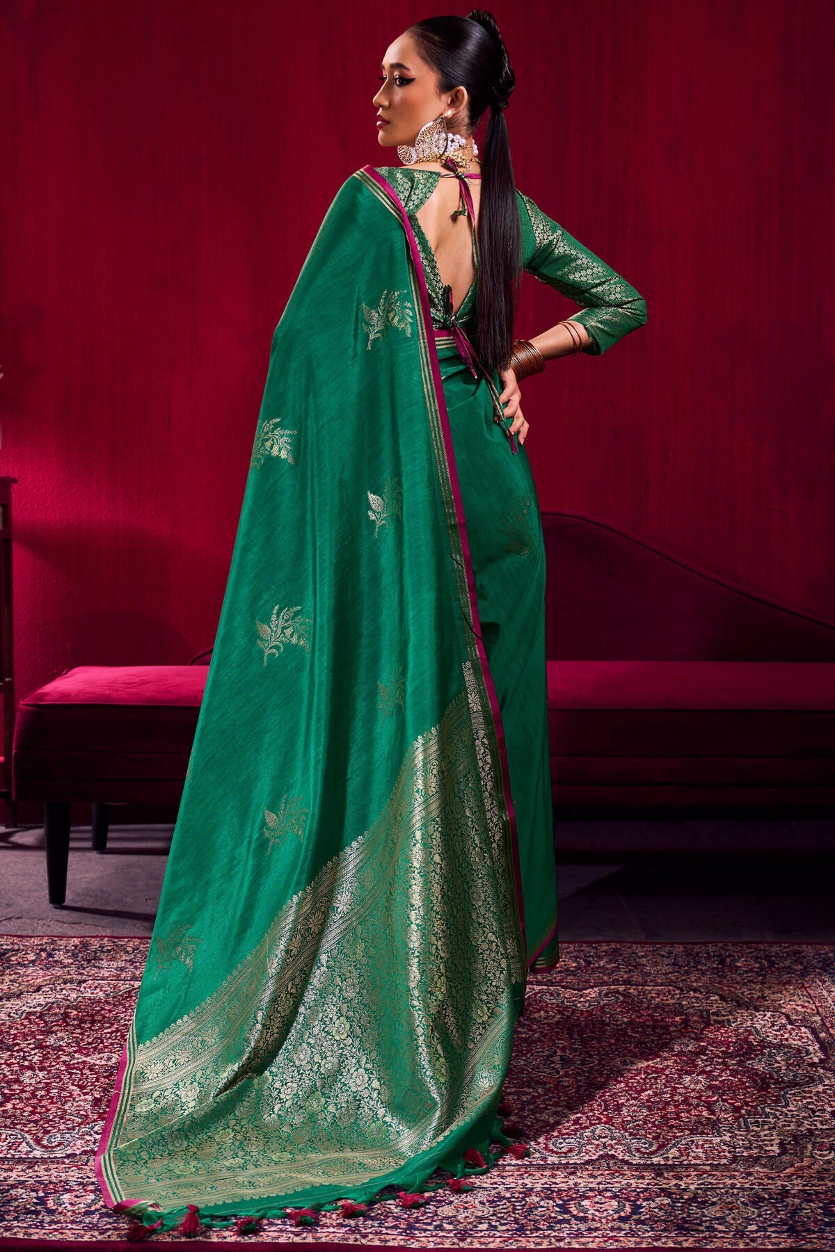 Nebula Dark Green Banarasi Satin Silk Saree With Classy Blouse
