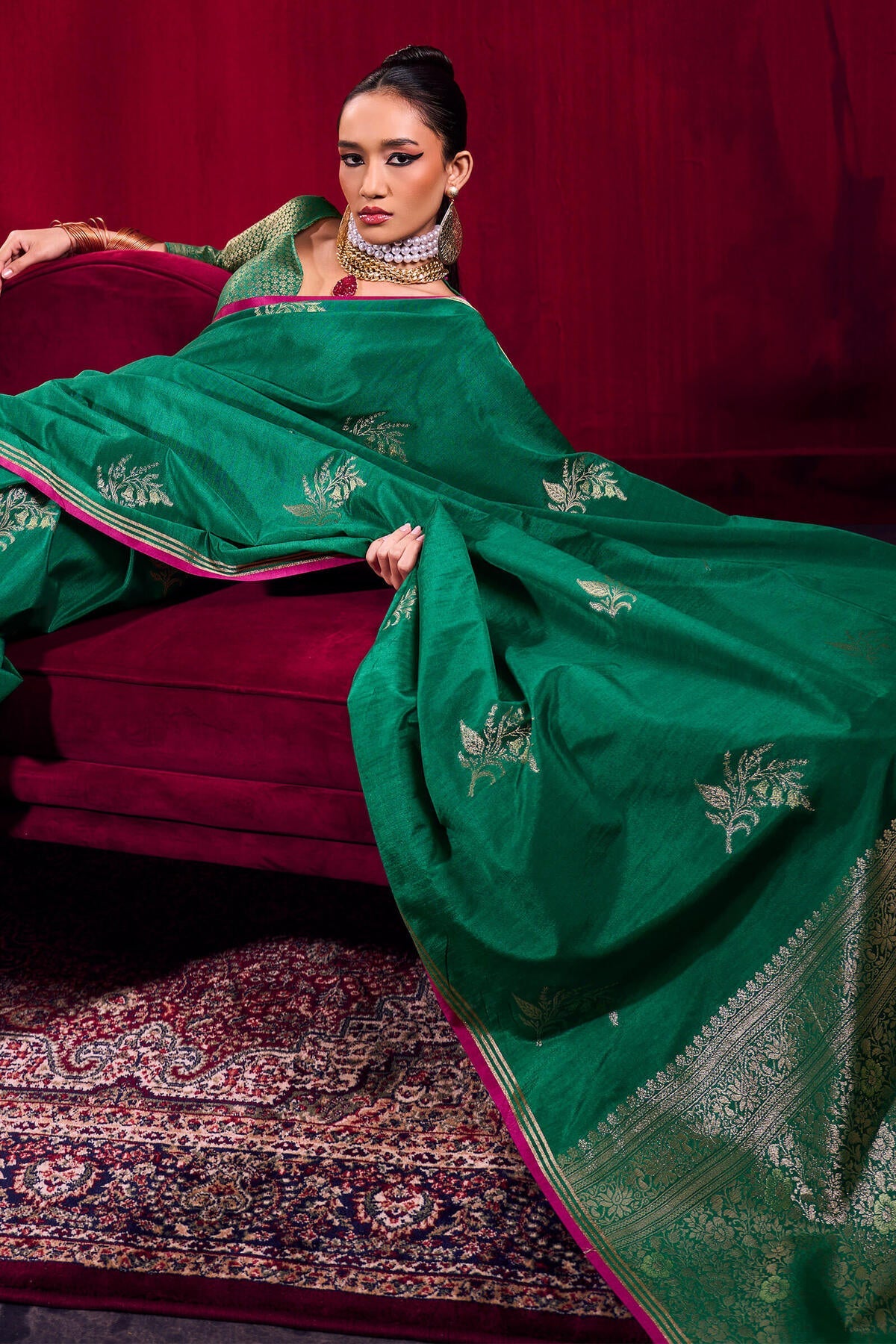 Nebula Dark Green Banarasi Satin Silk Saree With Classy Blouse