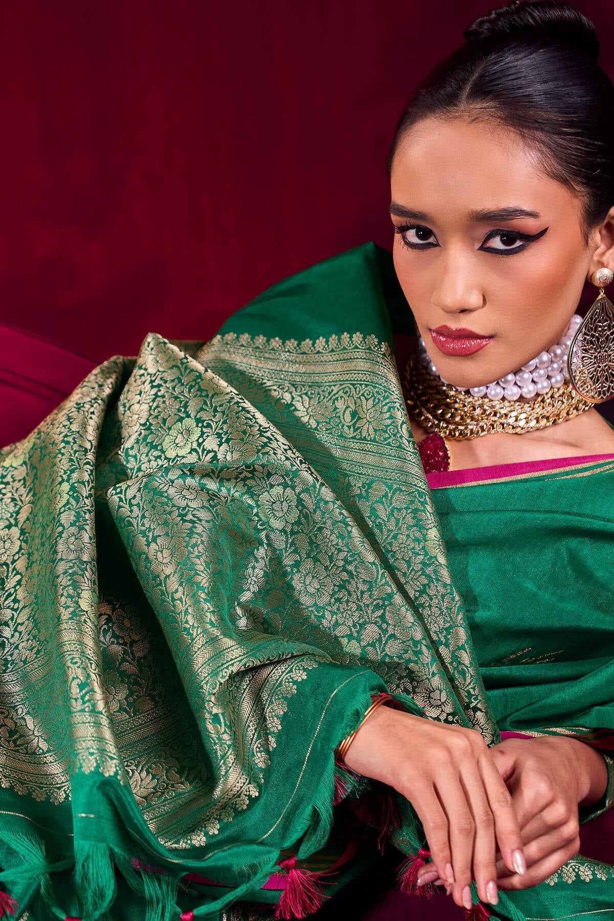 Nebula Dark Green Banarasi Satin Silk Saree With Classy Blouse