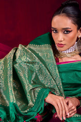 Nebula Dark Green Banarasi Satin Silk Saree With Classy Blouse