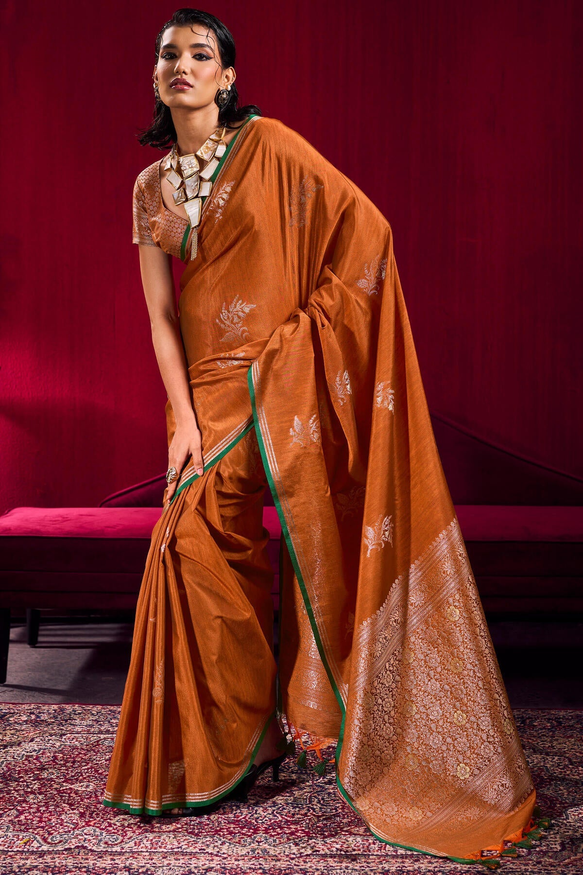 Delectable Orange Banarasi Satin Silk Saree With Desuetude Blouse