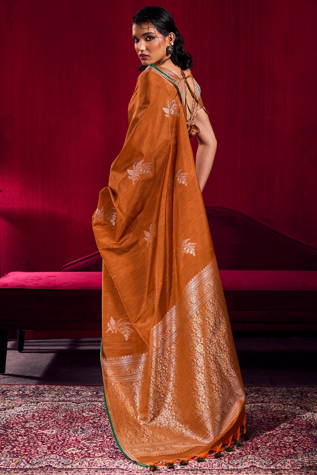 Delectable Orange Banarasi Satin Silk Saree With Desuetude Blouse