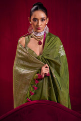 Bewitching Green Banarasi Satin Silk Saree With Blooming Blouse