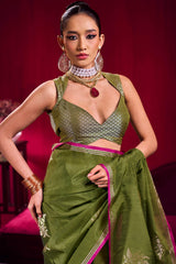 Bewitching Green Banarasi Satin Silk Saree With Blooming Blouse