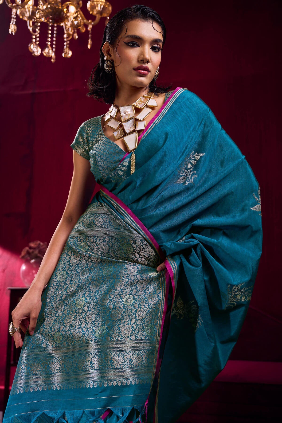 Palimpsest Rama Banarasi Satin Silk Saree With Designer Blouse