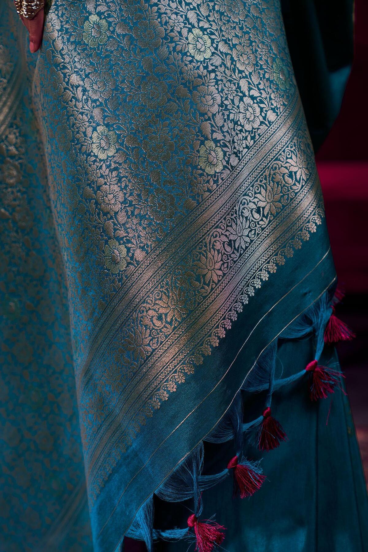 Palimpsest Rama Banarasi Satin Silk Saree With Designer Blouse