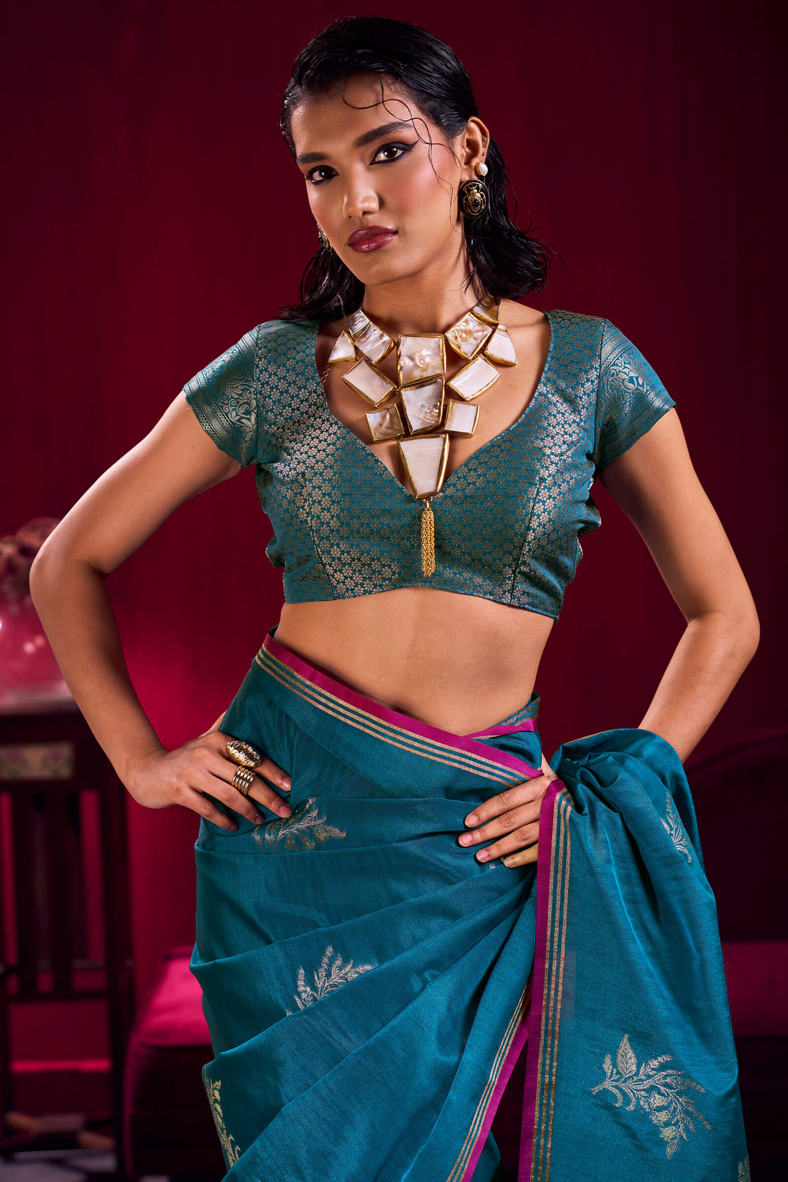 Palimpsest Rama Banarasi Satin Silk Saree With Designer Blouse