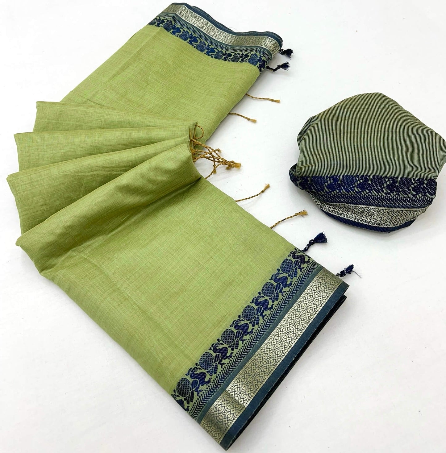 Lagniappe Pista Cotton Silk Saree With Resplendent Blouse Piece