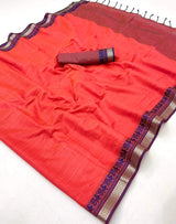 Adorable Red Cotton Silk Saree With Ailurophile Blouse Piece