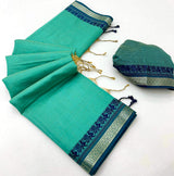 Eloquence Turquoise Cotton Silk Saree With Majesty Blouse Piece