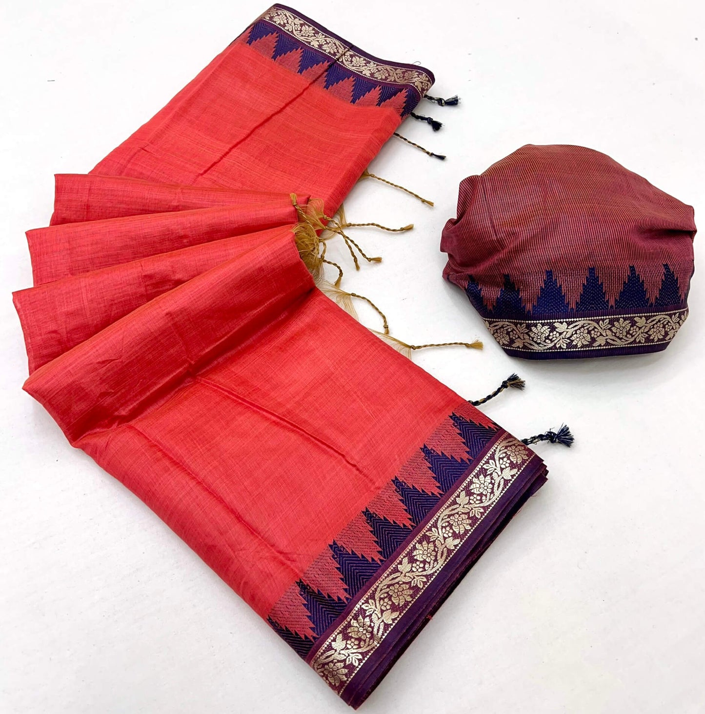 Panoply Red Cotton Silk Saree With Verdant Blouse Piece