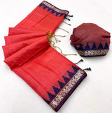 Panoply Red Cotton Silk Saree With Verdant Blouse Piece