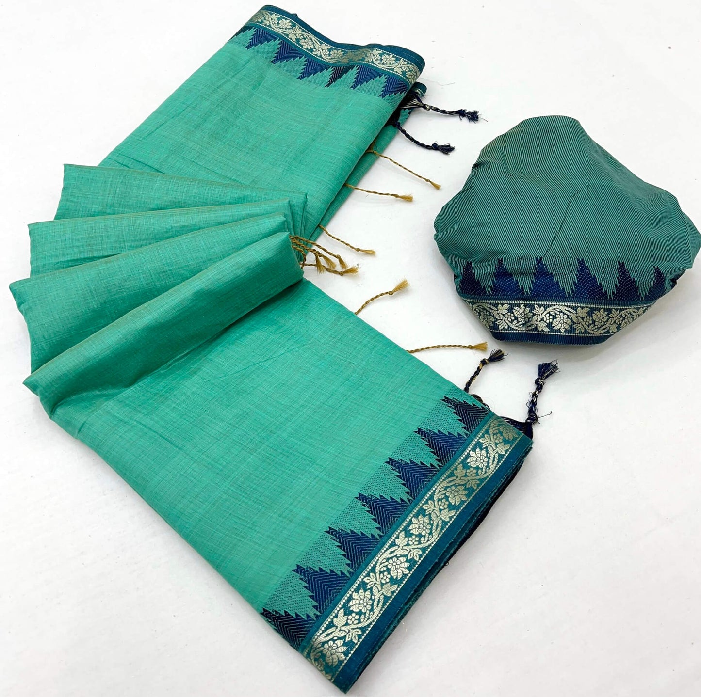 Fancifull Turquoise Cotton Silk Saree With Vibrant Blouse Piece