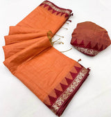 Energetic Orange Cotton Silk Saree With Designer Blouse Piece