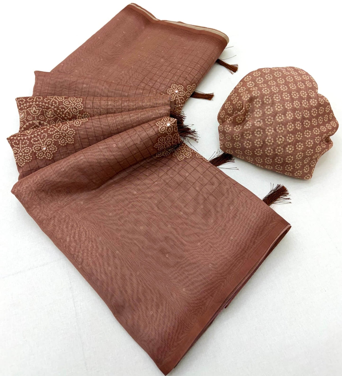 Classy Brown Printed Cotton Silk Saree With Flattering Blouse Piece