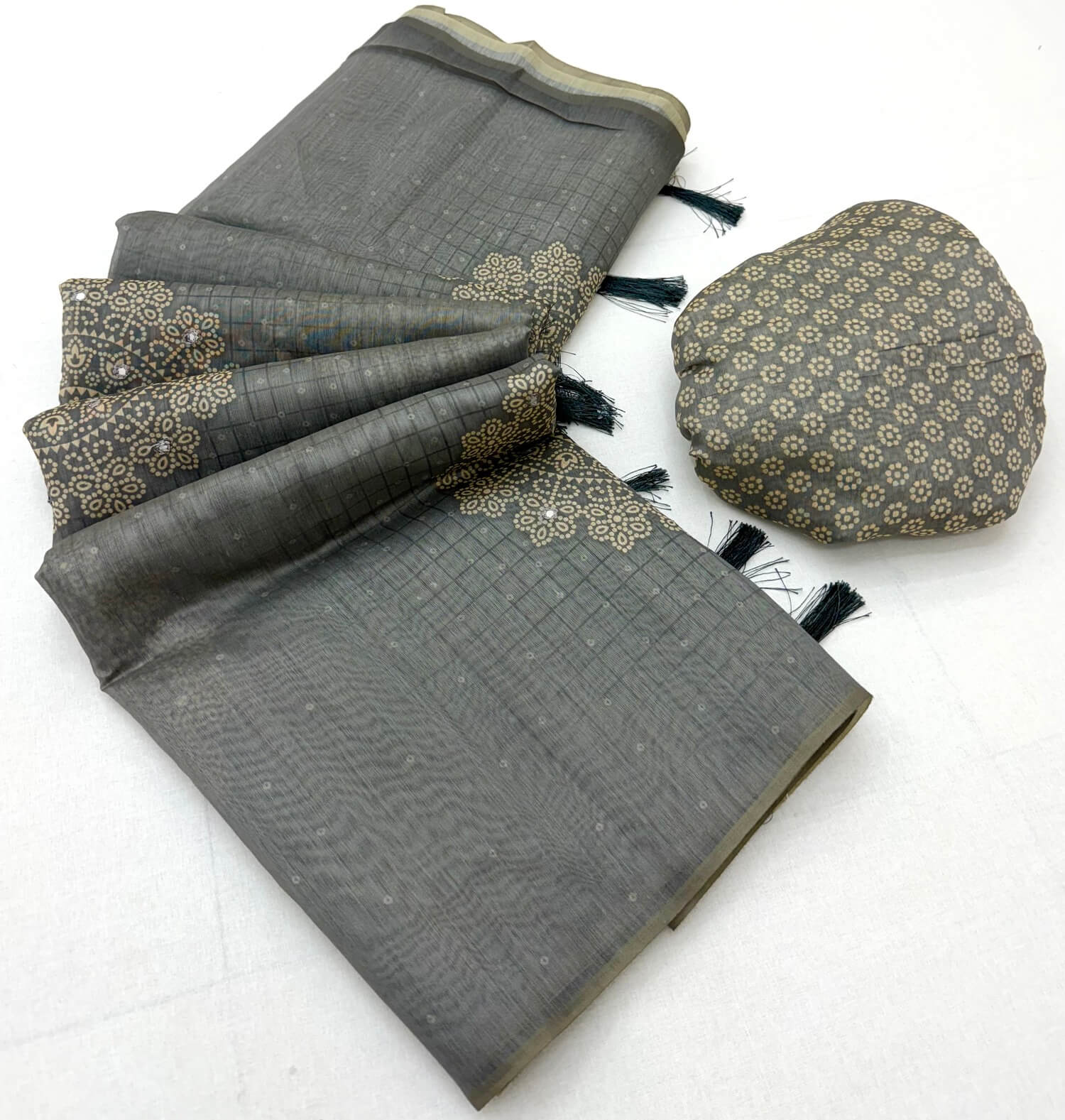 Fantabulous Grey Printed Cotton Silk Saree With Imaginative Blouse Piece