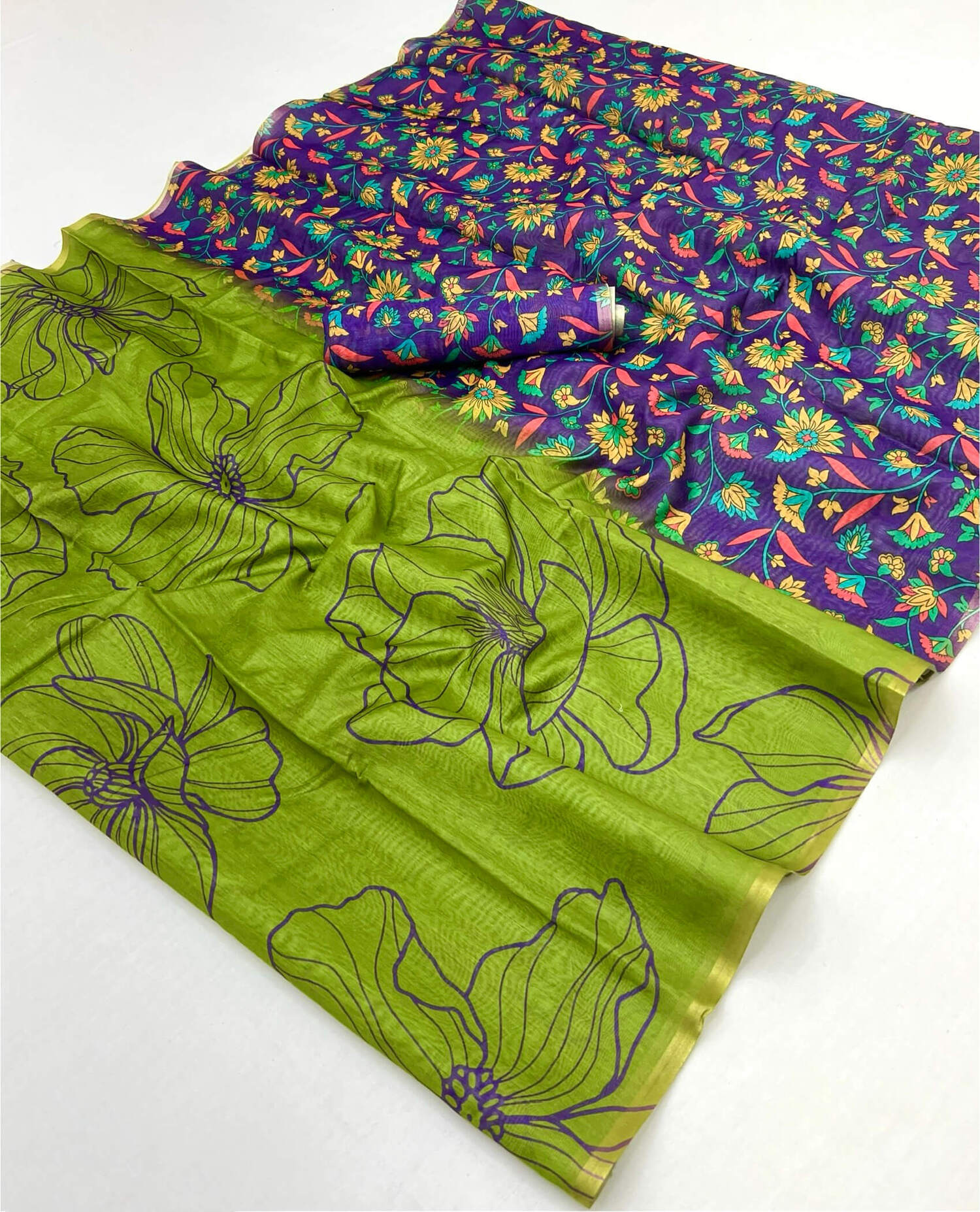 Evanescent Green Printed Cotton Silk Saree With Zephyr Blouse Piece