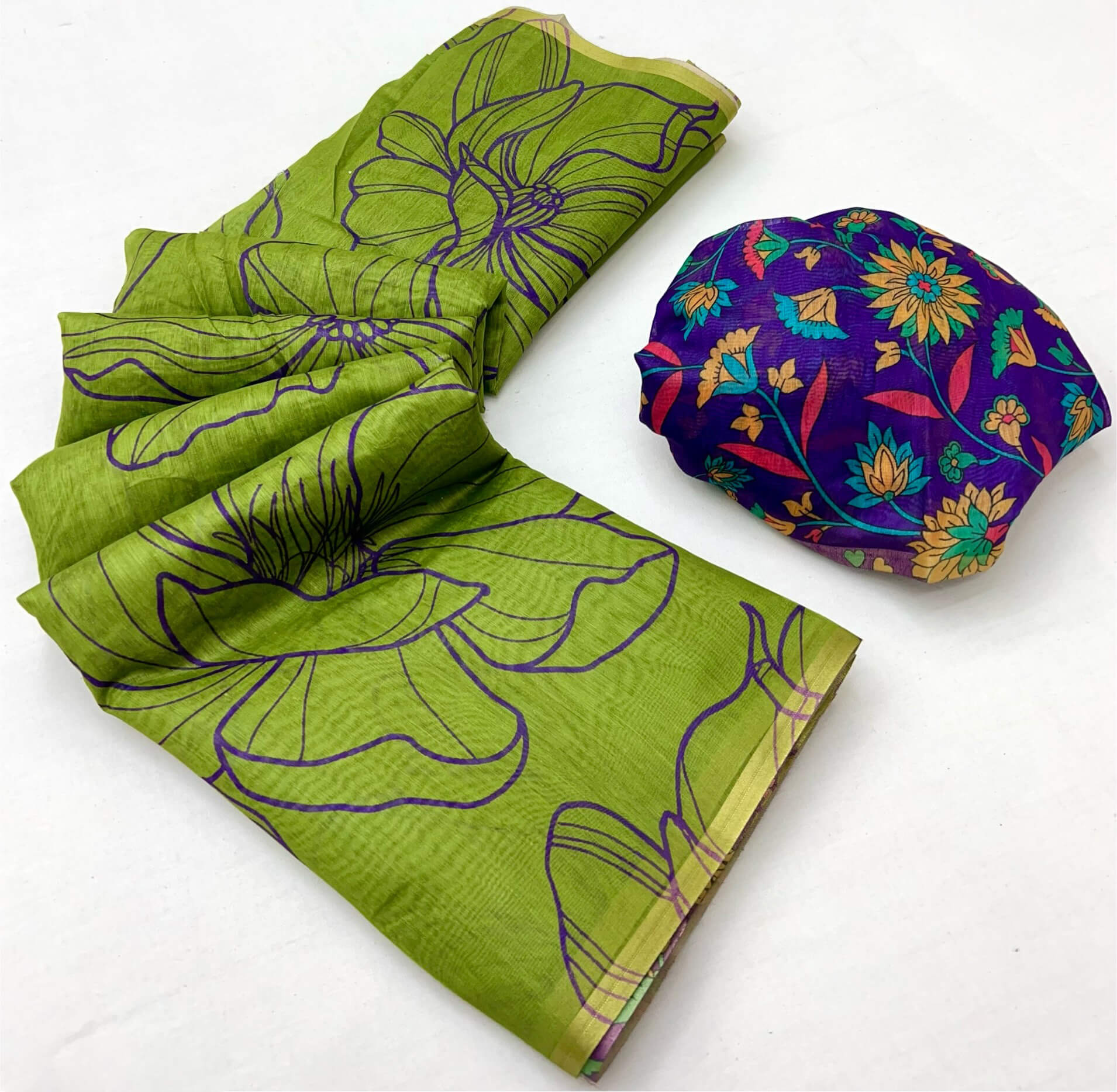Evanescent Green Printed Cotton Silk Saree With Zephyr Blouse Piece