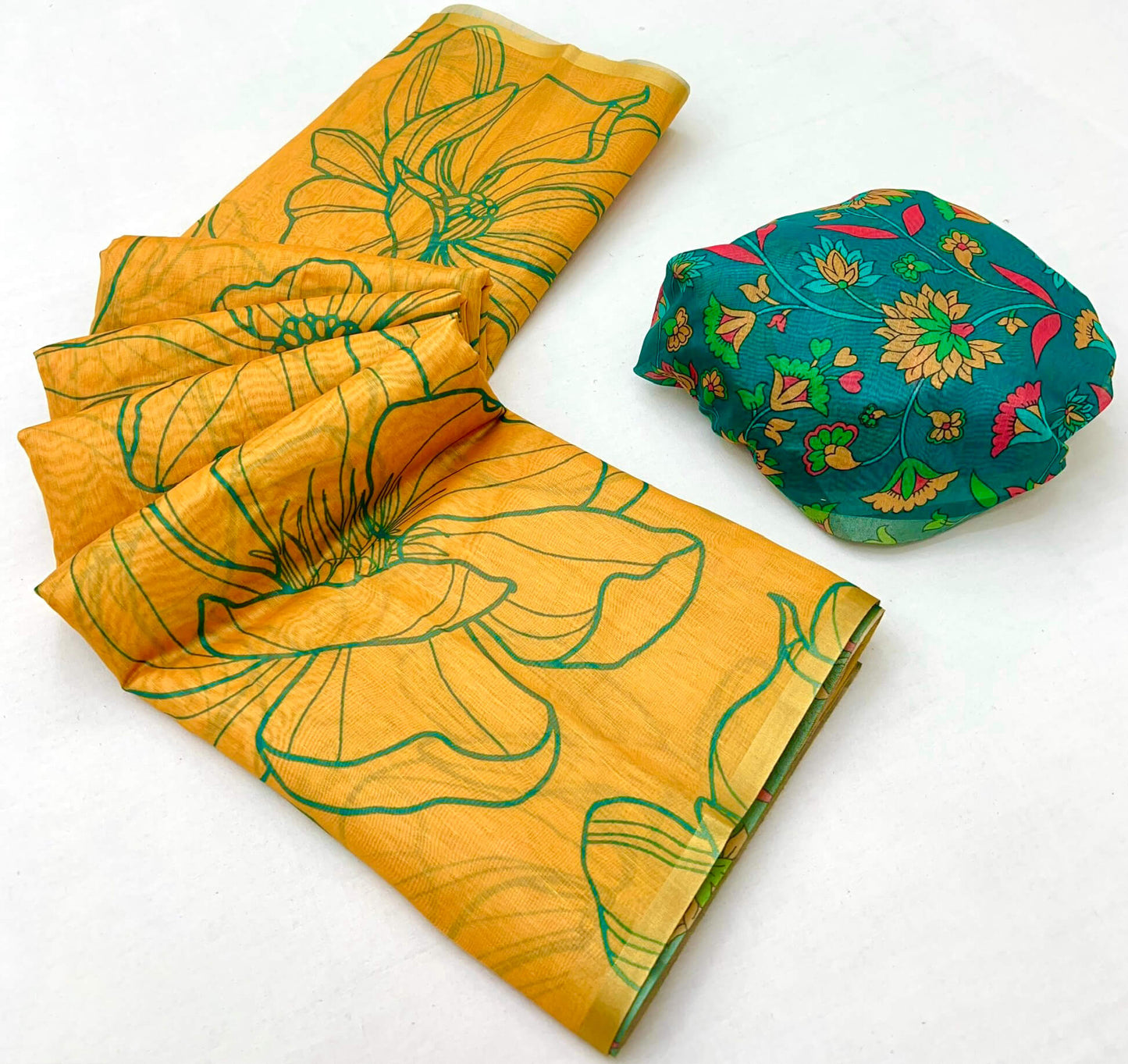 Stylish Yellow Printed Cotton Silk Saree With Nectarous Blouse Piece