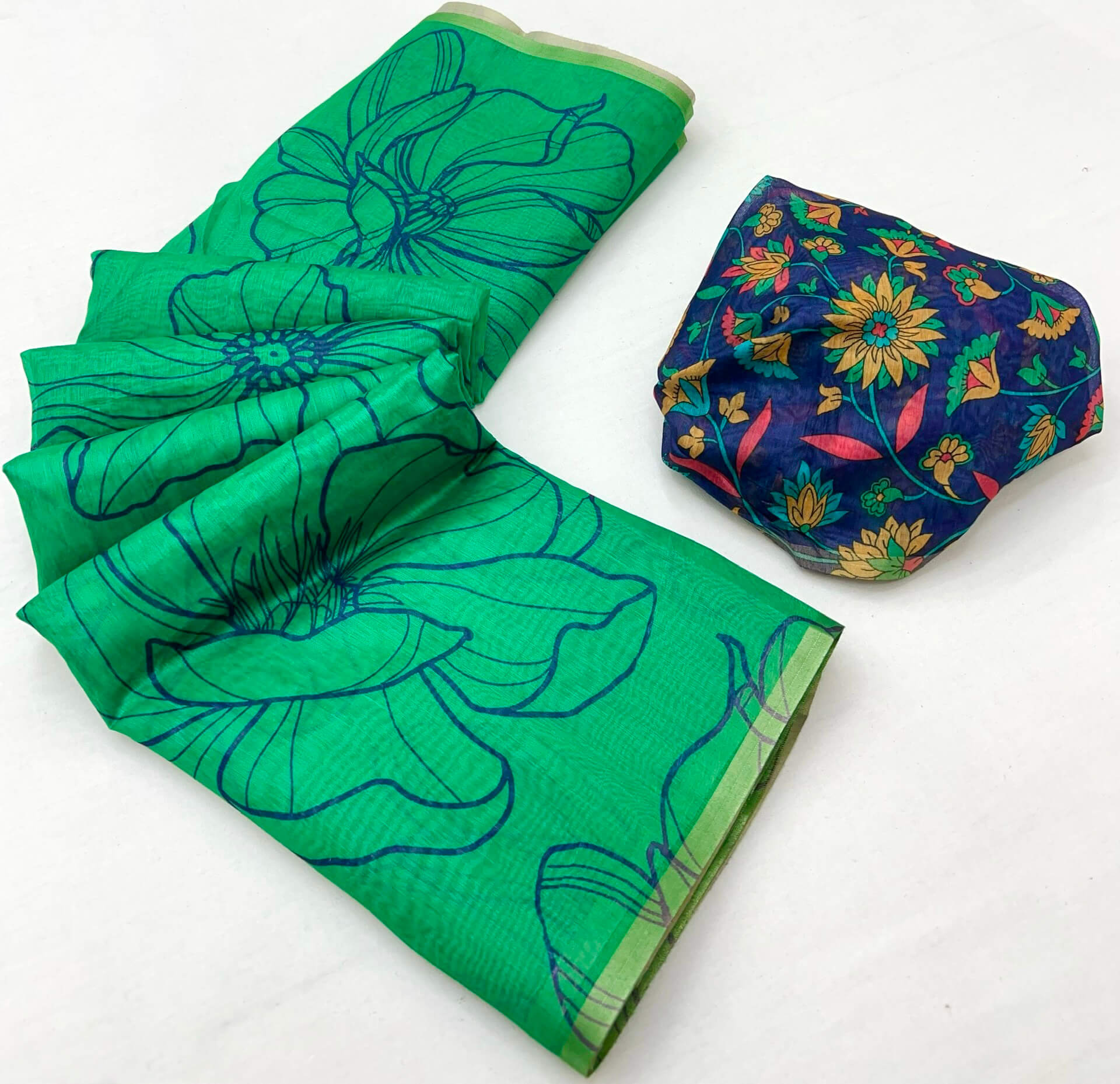 Confounding Sea Green Printed Cotton Silk Saree With Supernal Blouse Piece